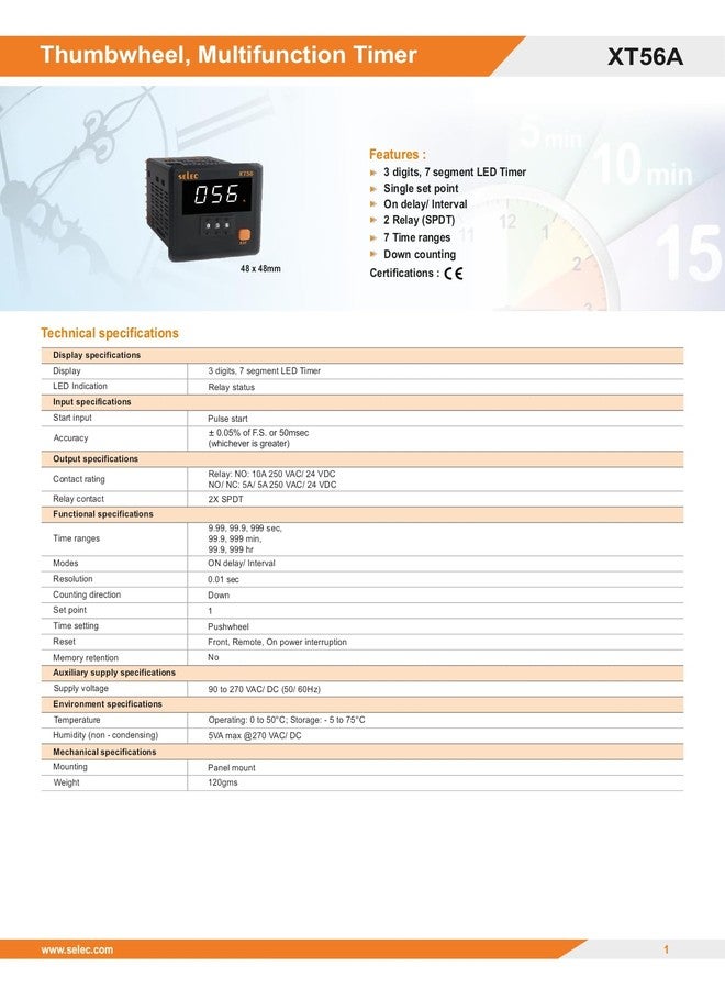 Selec Thumbwheel Timer with On delay/Interval Function, 48x48 mm SELEC XT56A (White Display & Short Depth)(Same as XT56-N) - Image 2